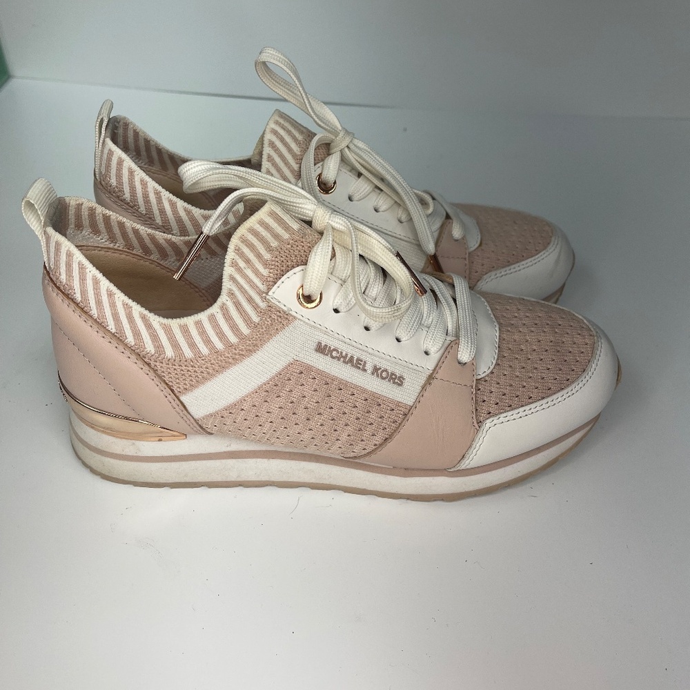 Women’s Michael Kors Size 6 Pink Tennis Shoes with Gold Accents - Picture 3 of 8